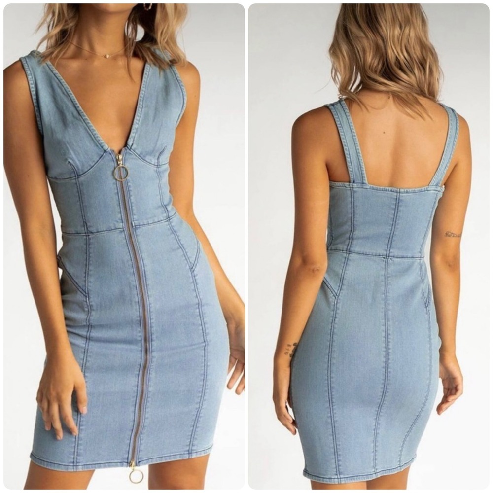 Finders Keepers Womens Claudia Light Wash Zip Front Bodycon Denim Mini Dress 10